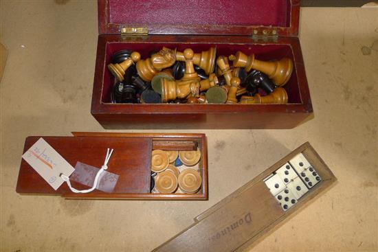 Part boxwood and ebony chess set (af) in inlaid box, boxed draughts set & another of dominoes